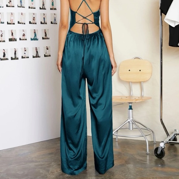 SHEIN Teal Silk Jumpsuit with Lace Up Back - Picture 2 of 3